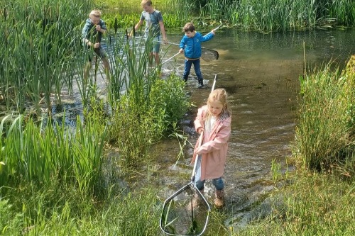 Kinderen in de natuur met schepnetjes, natuurvereniging 